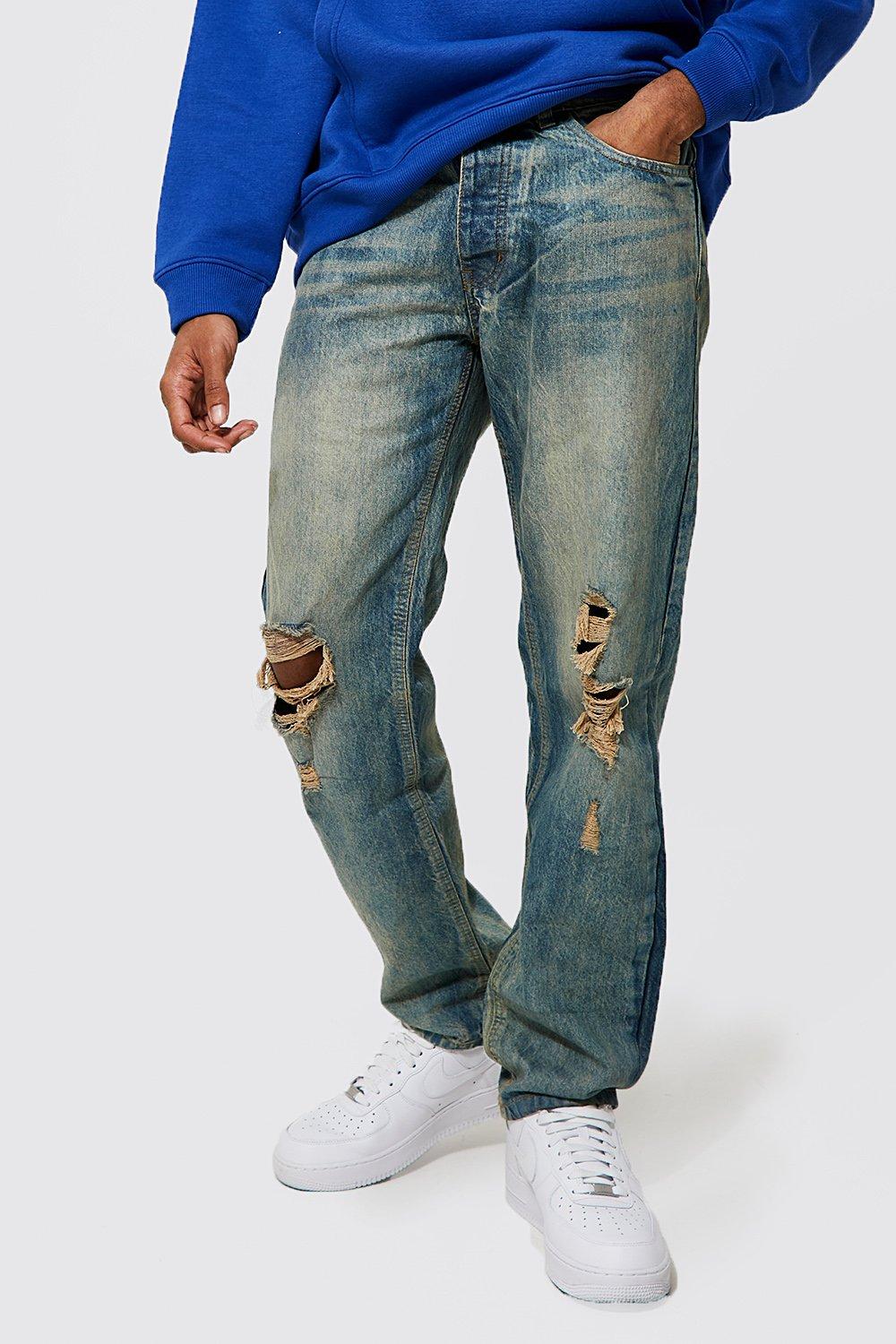 Relaxed Fit Busted Knee Ripped Jeans | boohooMAN USA